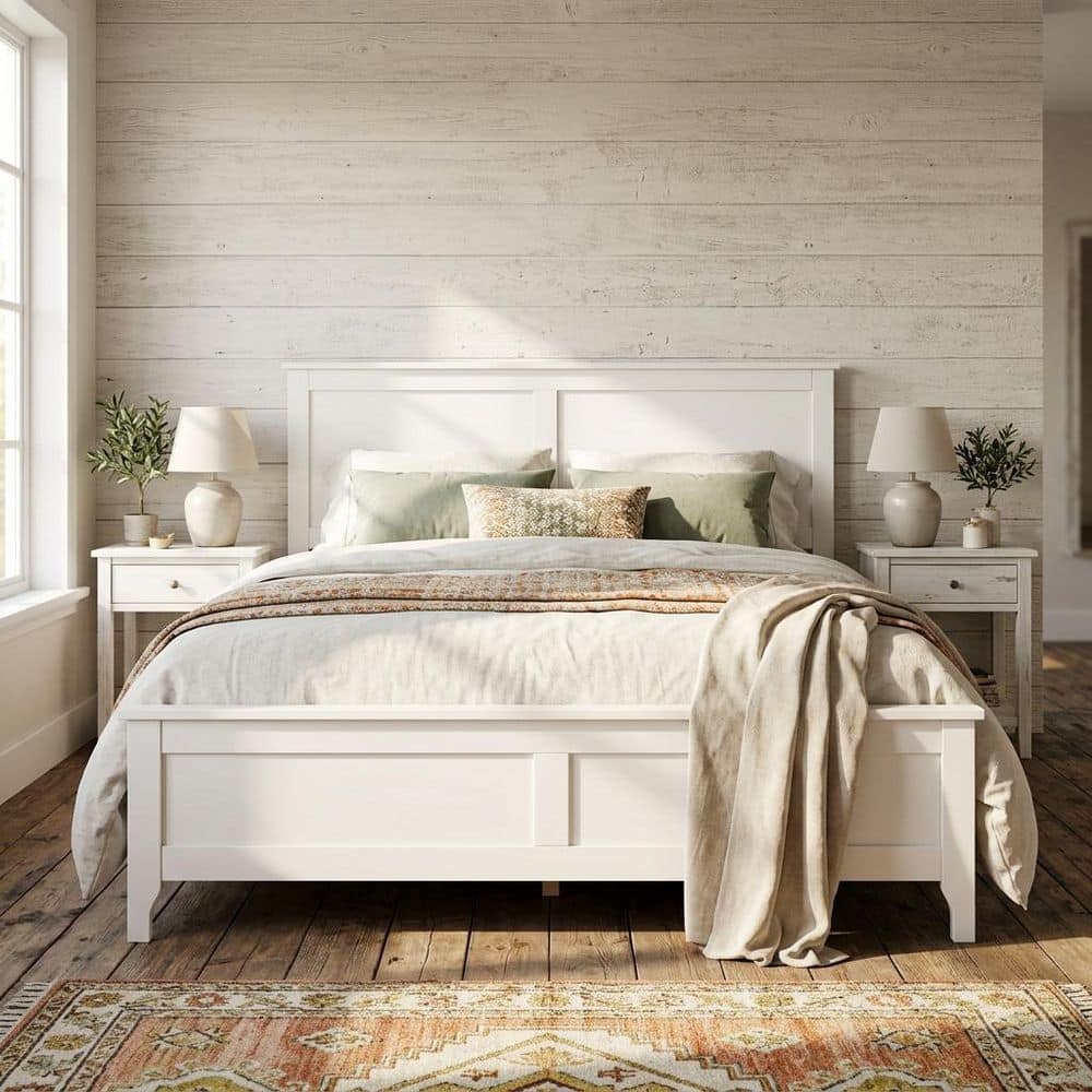 White Solid Wood Frame Queen Platform Bed Frame, Shaker Panel Headboard and Footboard, Slats Included Bed Frame price history on PriceWatchPro