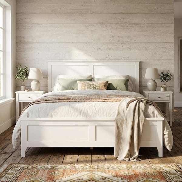 White Solid Wood Frame Queen Platform Bed Frame, Shaker Panel Headboard and Footboard, Slats Included Bed Frame