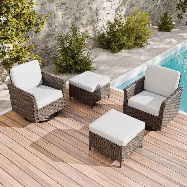 Wicker Patio Outdoor Rocking Chair Swivel Chair with Beige Cushions