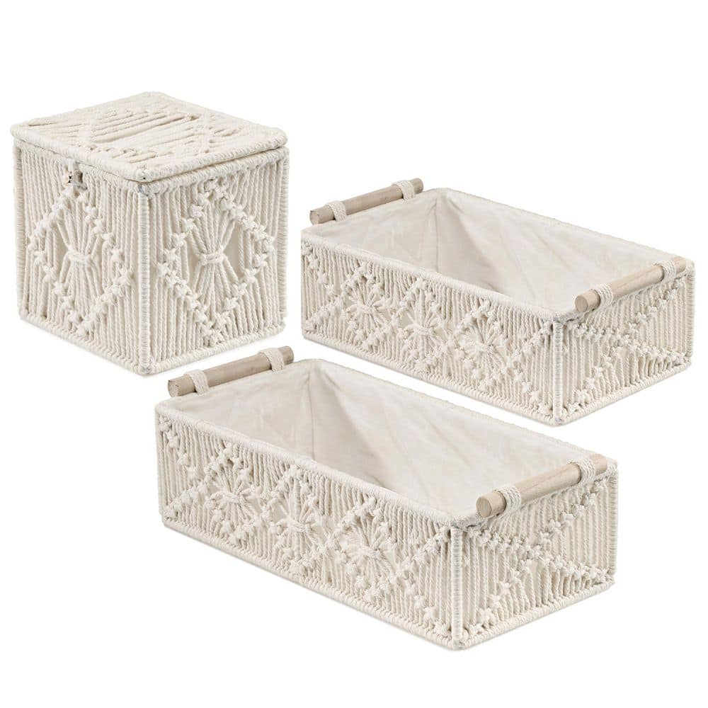 Macrame Decor Baskets & Tissue Holder Set, Lined Woven Box Set, White 13.5 