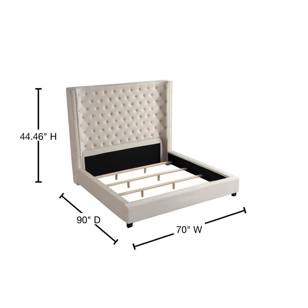 Beige Velvet Upholstered Queen Bed with Tufted Headboard