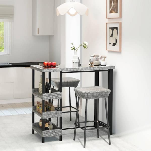 43.5 in. Wicker Outdoor Bar Table with Tempered Glass Top and 3 Shelves Storage