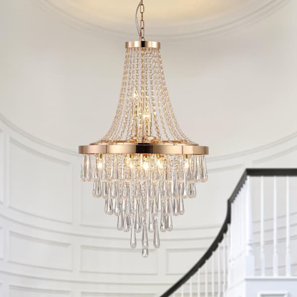 LuxeGleam Series 11-Light Gold Finish Crystal Tiered Pendant Chandelier Round Chandelier for Dining Room or Entryway