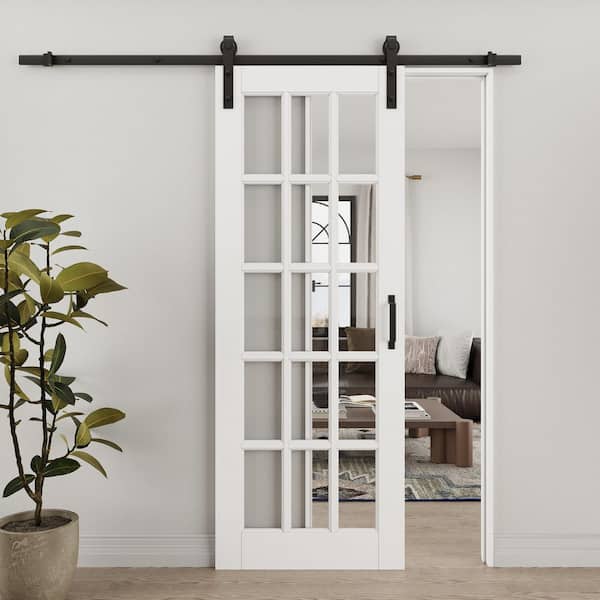 ARK DESIGN 30 in. x 80 in. 15 Lite Tempered Clear Glass White Primed MDF Composite Sliding Barn Door with Hardware Kit