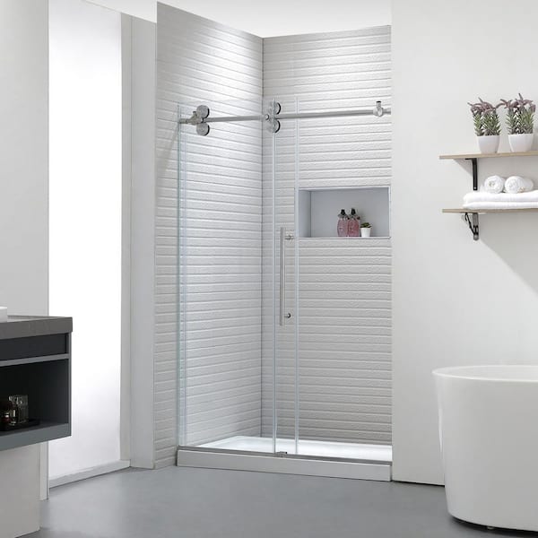 UPIKER 48 in. W x 76 in. H Sliding Frameless Shower Door in Bright Nickel Finish with Clear Glass