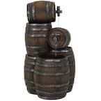 29 in. Stacked Rustic Barrel Outdoor Cascading Water Fountain with LED Lights