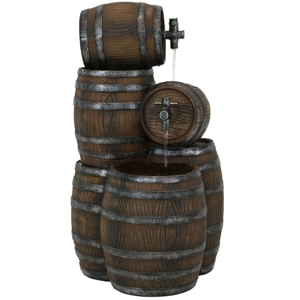 Sunnydaze Decor 29 in. Stacked Rustic Barrel Outdoor Cascading Water Fountain with LED Lights