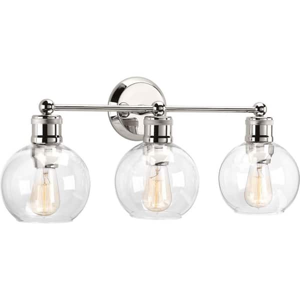 Hansford Collection 24-1/2 in. 3-Light Polished Nickel Clear Glass Coastal Farmhouse Bathroom Vanity Light