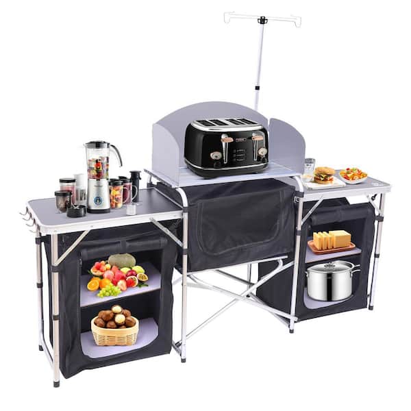 Camping Kitchen Station, Camping Table, Folding Table, with Light Stand, Windshield Cooking Station and Storage