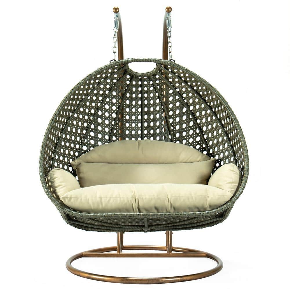 2-Person Double Hanging Egg Swing Chair with Stand, Beige Wicker Teardrop Loveseat, Taupe Cushions, Outdoor Patio