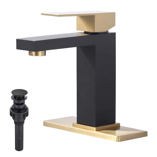 Single Handle Single Hole Bathroom Faucet with Deckplate and Pop Up Drain Included in Black and Gold