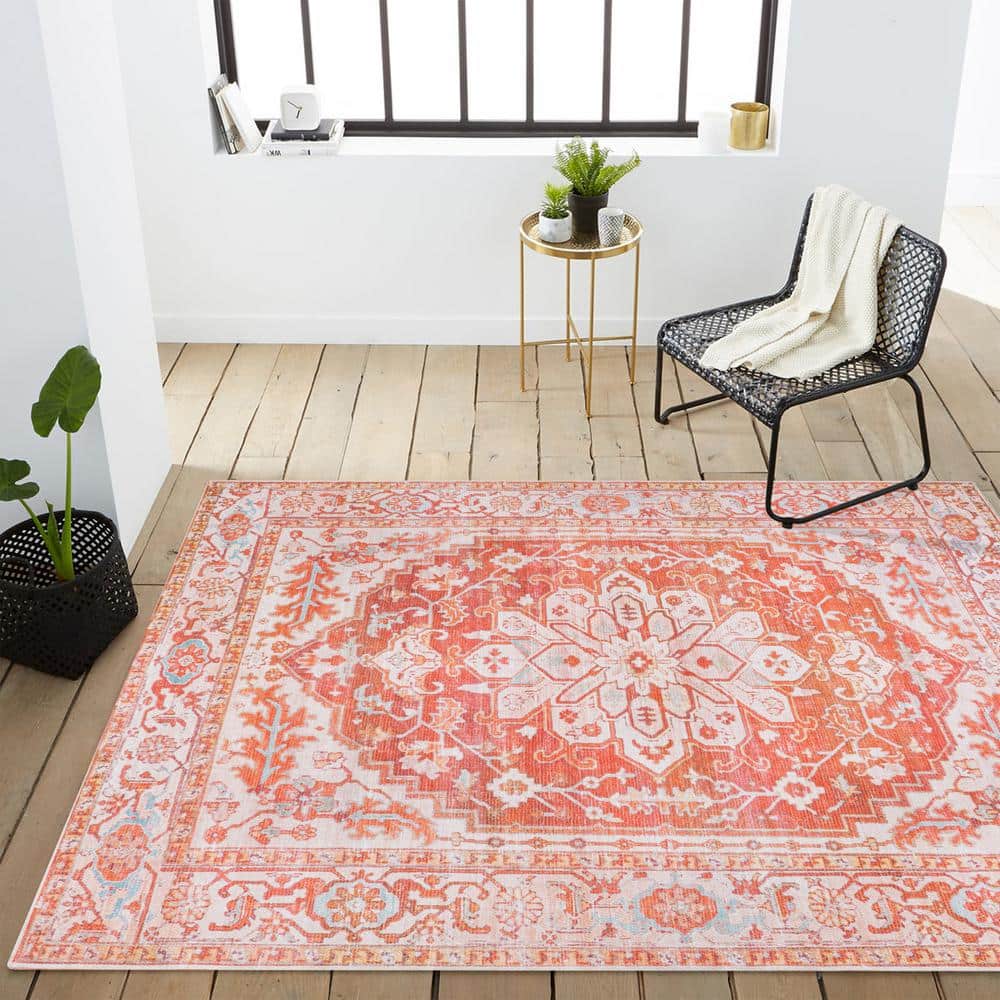 Orange and Cream Medallion Washable Synthetic Area Rug 4' x 6'