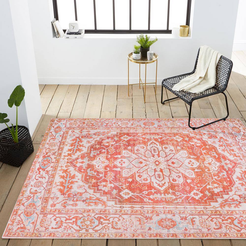 Asa Ornate Medallion Washable Orange and Cream 9' x 12' Synthetic Area Rug