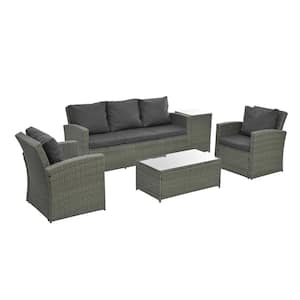 Gray 5 Piece PE Wicker Outdoor Patio Sectional Set Couch with Coffee Table, Side Table and Dark Gray Cushion