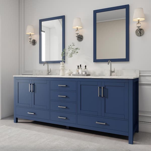 Kiele 84 in. W x 22 in. D x 34 in. H Bath Vanity in Blue with White Carrara Marble Top with Basin