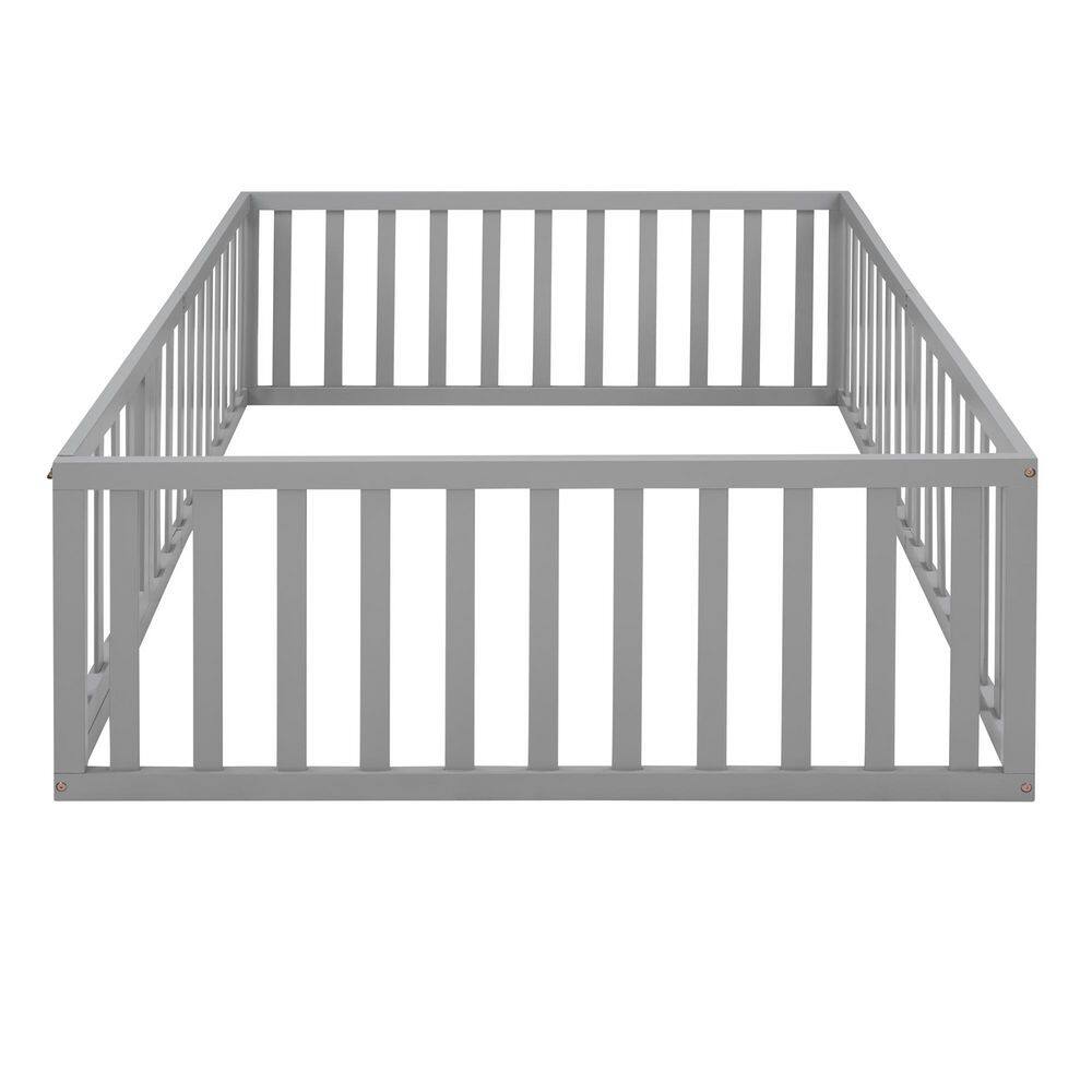 Walnut Brown Wood Frame Full Upholstered Platform Bed with Fence - thumbnail 2