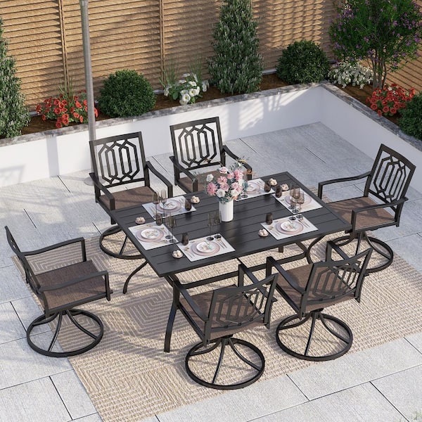PHI VILLA 7-Piece Black Metal Outdoor Patio Dining Set with Slat Table and Fashion Swivel Chairs