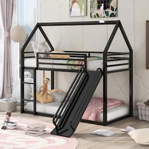 Black Twin over Twin Playhouse Bunk Bed with Ladder and Slide(76.5''L x 40.5''W x 71''H)