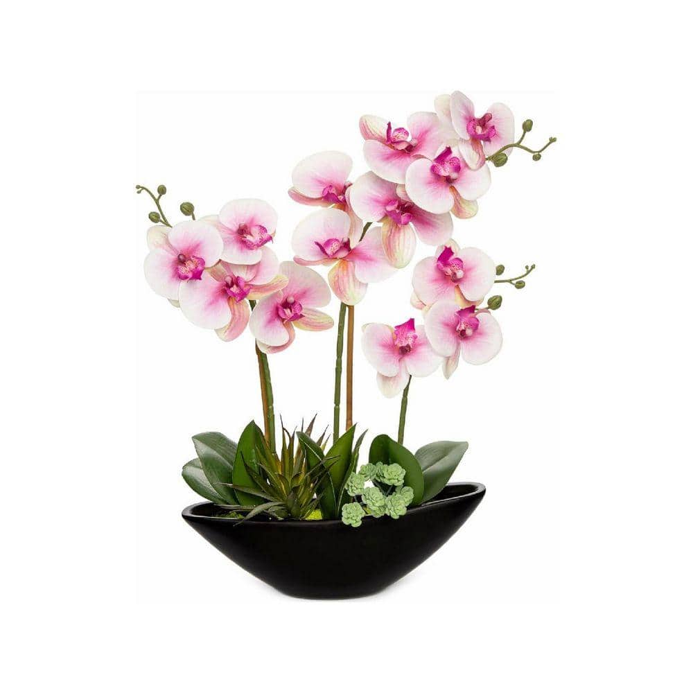 17 in. Pink Outdoor Artificial Orchid Plant in Ceramic Pot