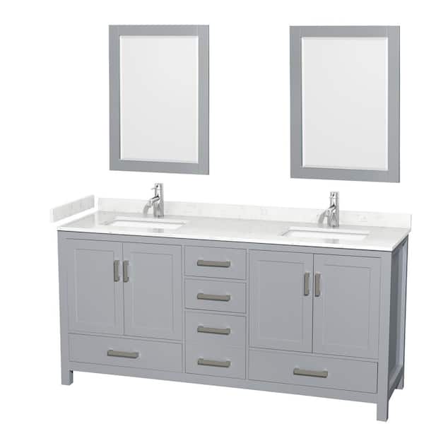Wyndham Collection Sheffield 72 in. W x 22 in. D x 35 in. H Double Bath Vanity in Gray with Carrara Cultured Marble Top and 24" Mirrors