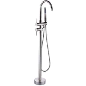 Freestanding Floor Mount 2-Handle Bath Tub Filler Faucet with Handheld Shower in Brushed Nickel