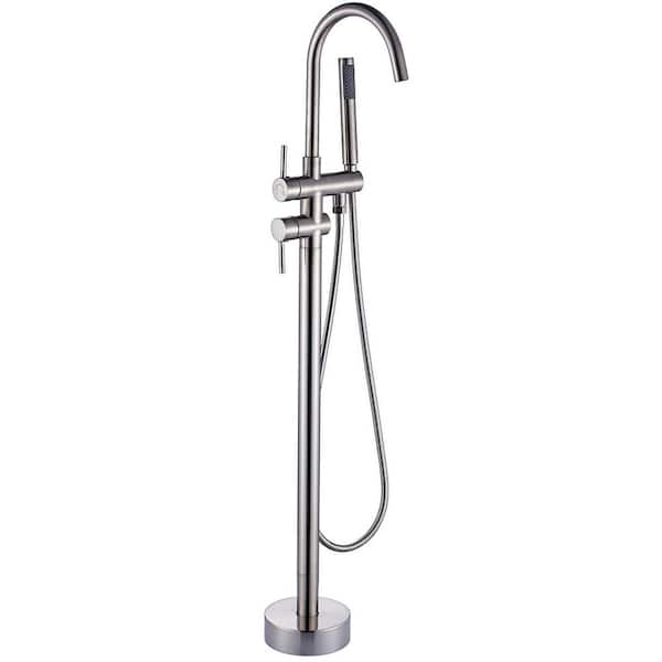 Boyel Living Freestanding Floor Mount 2-Handle Bath Tub Filler Faucet with Handheld Shower in Brushed Nickel