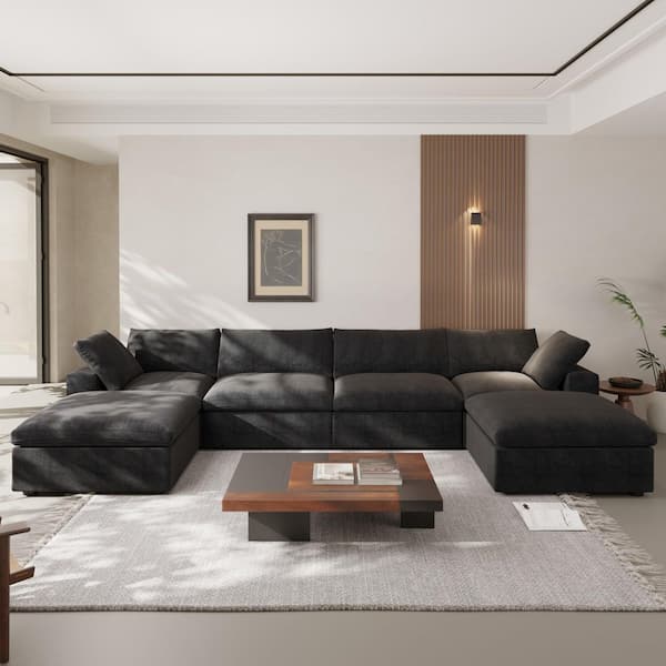 6-Piece Black Linen U Shaped Sectional Sofa Living Room Set with Removable Covers and Ottoman