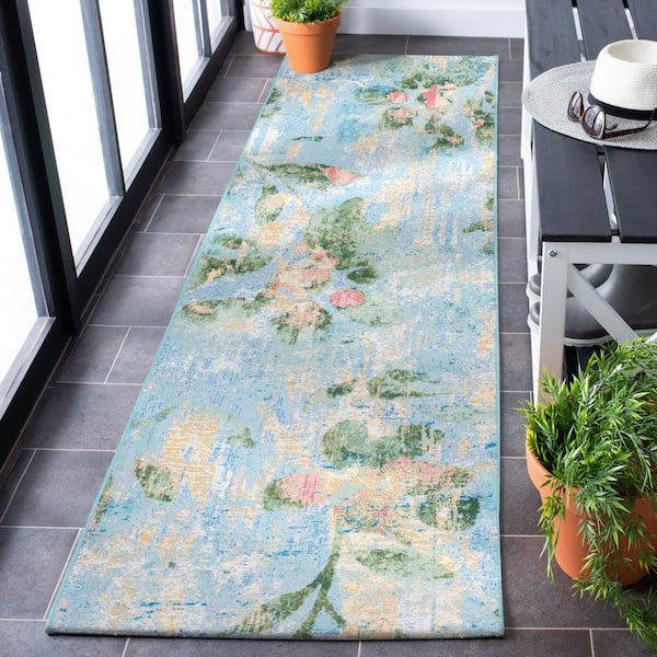 Barbados Light Blue/Green 3 ft. x 8 ft. Pastel Floral Indoor/Outdoor Runner Rug