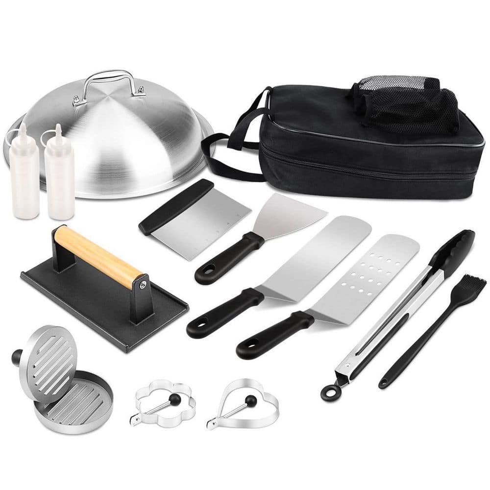 Dyiom Black and Silver 14-Piece Flat Top Grill Bag Grill Accessories Kit  with 304 Melting Dome Lid, Burger Press Carrying Bag B08TWS642P - The Home  Depot