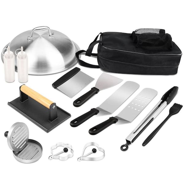 Dyiom Black and Silver 14-Piece Flat Top Grill Bag Grill Accessories Kit with 304 Melting Dome Lid, Burger Press Carrying Bag