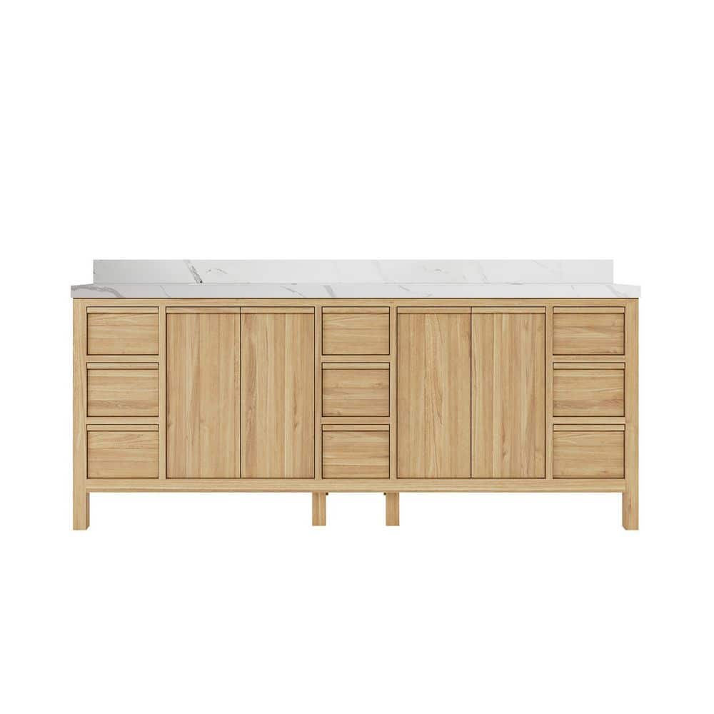 Elizabeth 84" Light Brown Teak Double Sink Bathroom Vanity with Calacatta Quartz Top