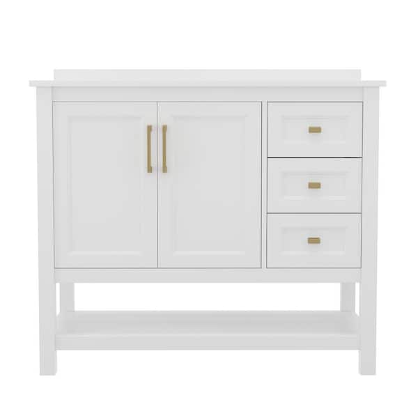 Carnegy Avenue Vega 42 in Bathroom Vanity w/Sink, Storage Cabinet, Open Shelf, Carrara White Stone Marble Finish Countertop, White/Gold