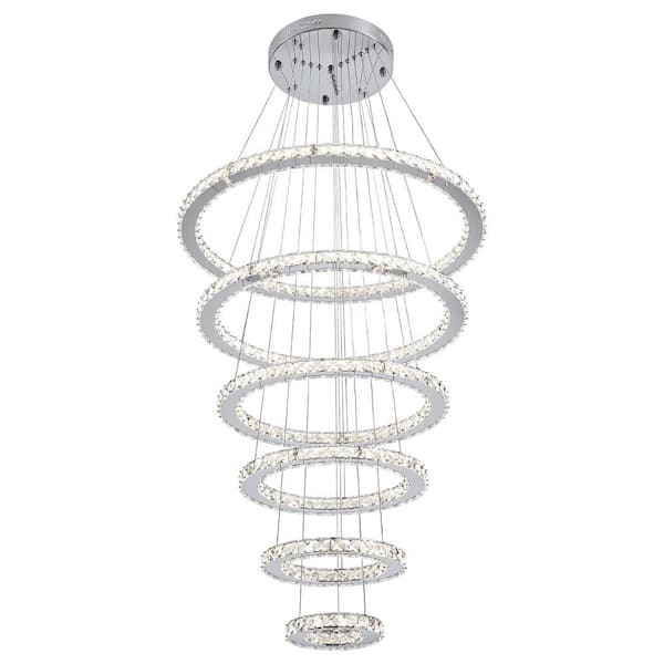 Pacific Core Modern 6-Light Dimmable Integrated LED Silver Finish with 6 Ring Chandelier Galaxy Chandelier for High Ceilings