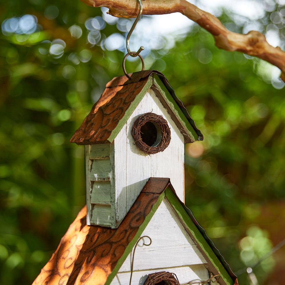 Oversized Distressed White and Green 3-Story Villa Wood Birdhouse
