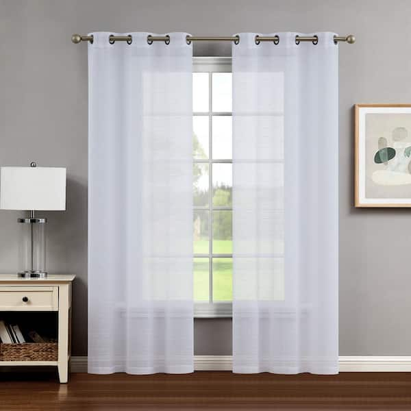 Creative Home Ideas Rosemary White Grommet Sheer Tiebacks Window Curtain 38  in. W x 84 in. L (2-Panels) YMC016524 - The Home Depot