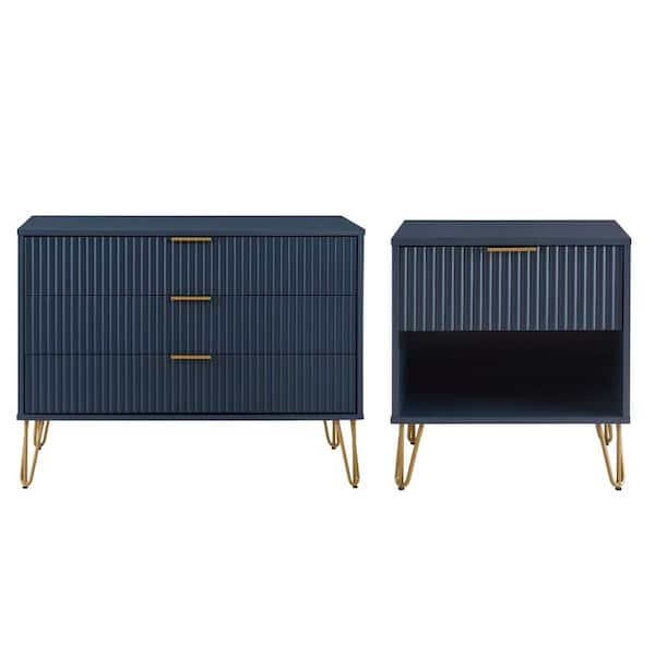 DUMBO Midnight Blue 1-Drawer 20.07 in. Nightstand and 3-Drawer 35.19 in. Dresser with SNAP Tool-Free Assembly