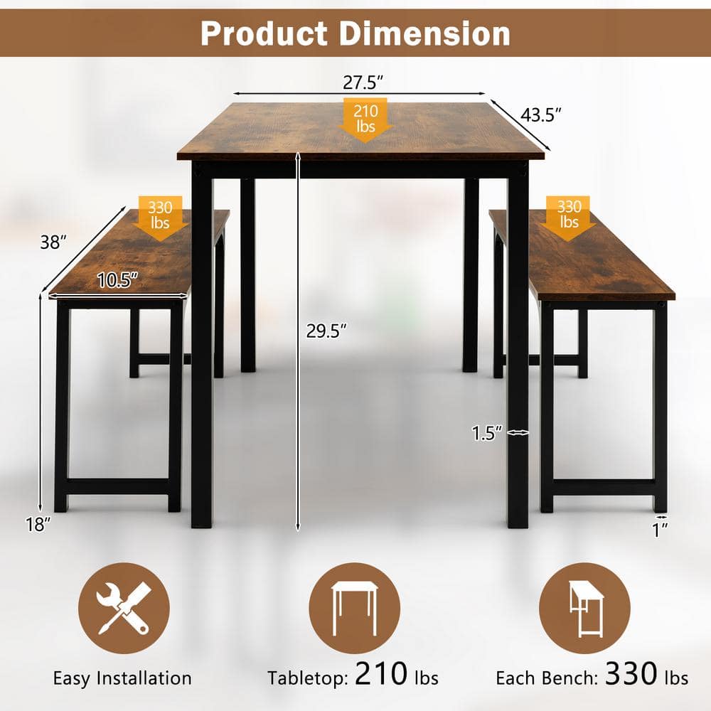 Modern Studio 3-Piece Coffee Dining Table Set with 2 Benches