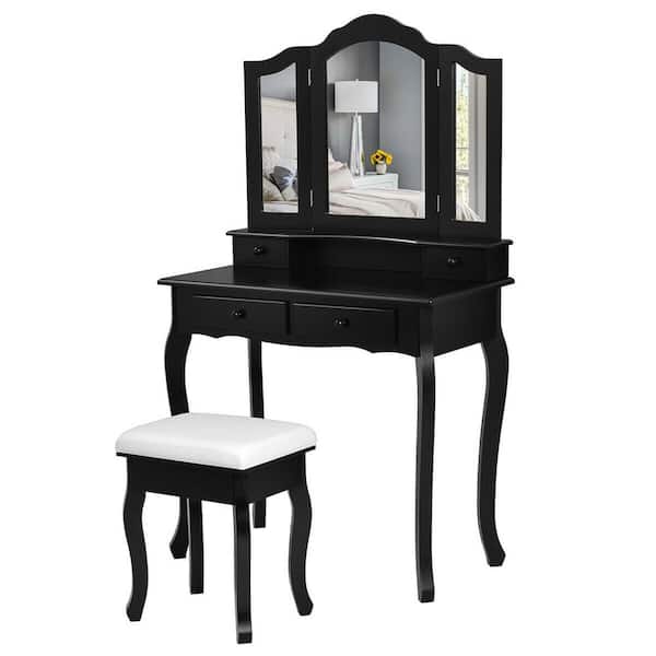 FORCLOVER Black 4- Darwer Wooden Makeup Vanity Set with Tri-folding Mirror and Padded Stool