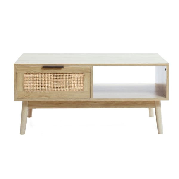 LuxenHome 21.69 in. White Oak Finish Rectangle Wood Rattan Coffee Table ...