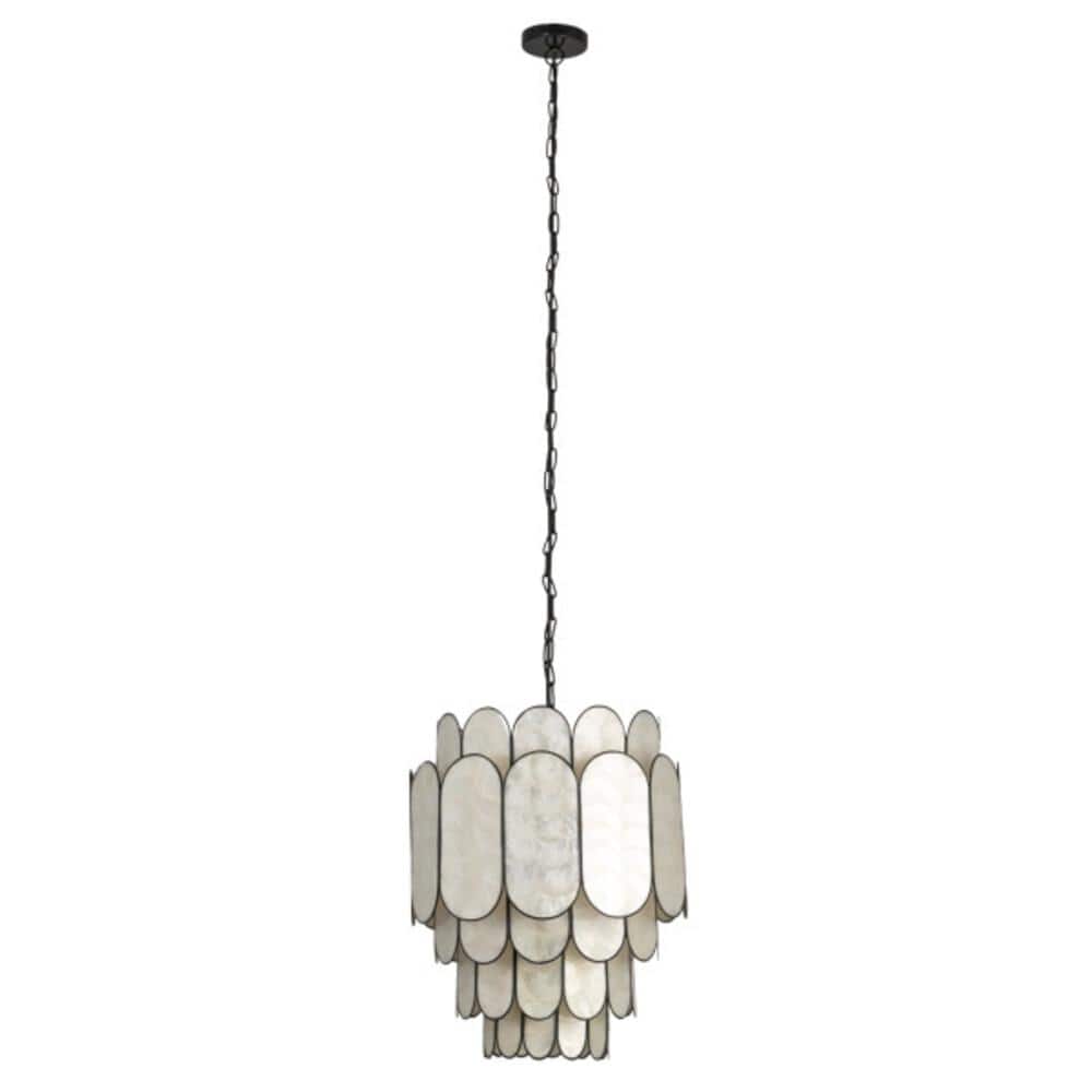 Black Metal and Capiz Shell Tiered Chandelier, 16" Diameter