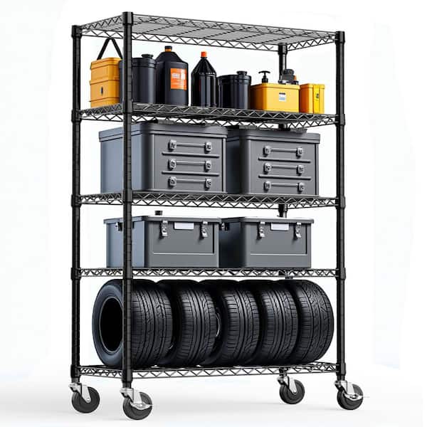 5 Tiers Steel Adjustable Garage Storage Shelving Unit with Wheels in Black (47.2 in. W x 76.8 in. H x 17.7 in. D)