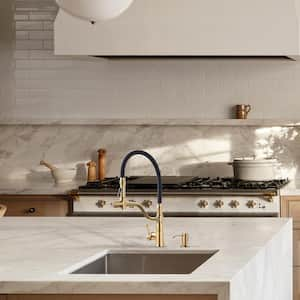 Single Handle Pull Down Sprayer Kitchen Faucet with Soap Dispenser, Pull Out Spray Wand in Solid Brass in Gold