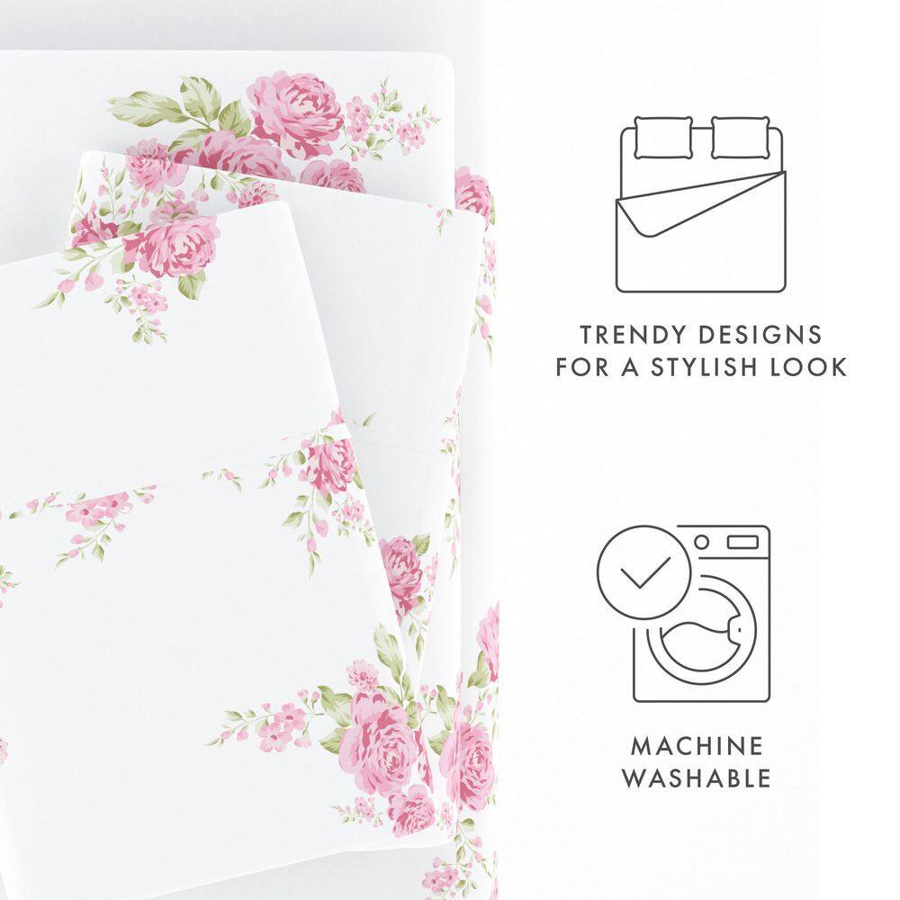 California King Pink Floral Cotton Flannel Deep Pocket Sheet Set