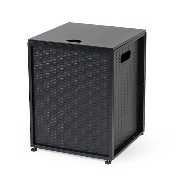 16 in. Iron Imitation Woven Rattan Propane Tank Cover, Outdoor Side Table with Side Handles and Adjustable Legs