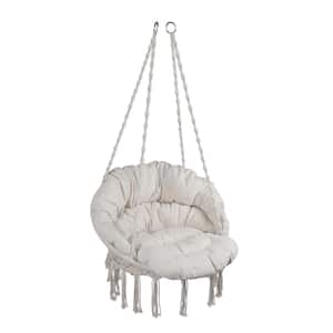 Beige Sling Cotton Rope Hammock Patio Swing Chair with Cushion