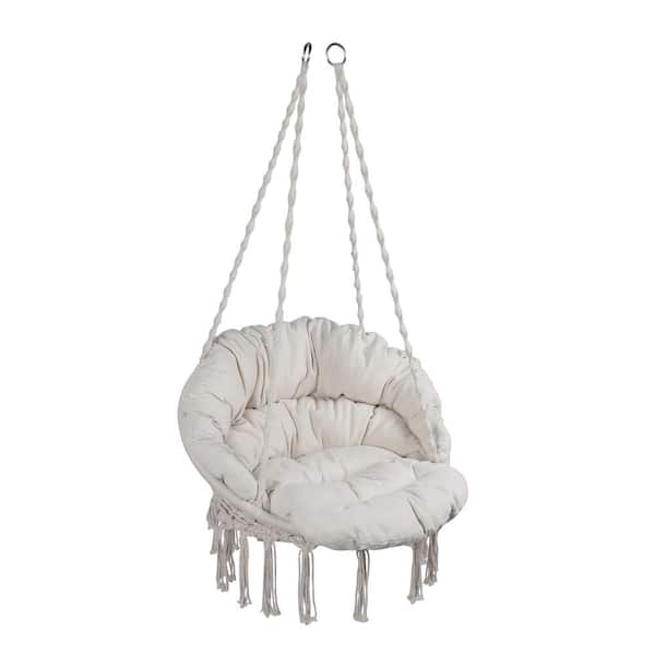Boosicavelly Beige Sling Cotton Rope Hammock Patio Swing Chair with Cushion