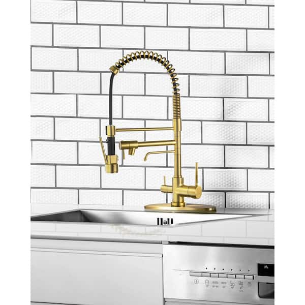 Double-Handles Pull Down Sprayer Kitchen Faucet with Drinking Water, Pull Out Spray Wand in Solid Brass in Brushed Gold