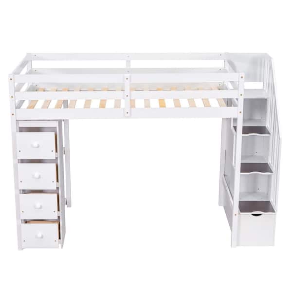 Polibi Twin size Loft Bed with Storage Drawers and Stairs, Wooden Loft Bed with Shelves-White