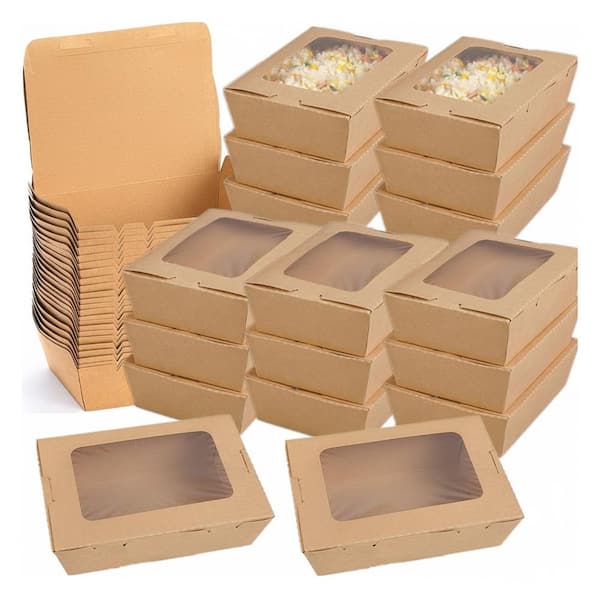 Kraft Paper Food Containers with Window Lids, Leakproof Microwaveable To-Go Boxes, 50 Pack Disposable Catering