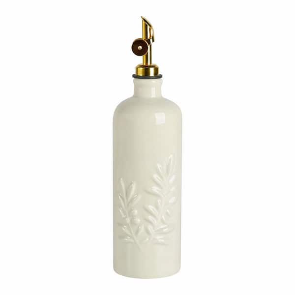 Beige Ceramic Oil Dispenser with Gravity Spout, 18 oz Opaque Cruet for Olive Oil and Vinegar